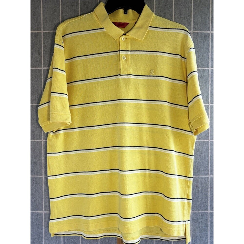IZOD Golf  Shirt Size Large Logo Yellow With Blue And White Stripe
